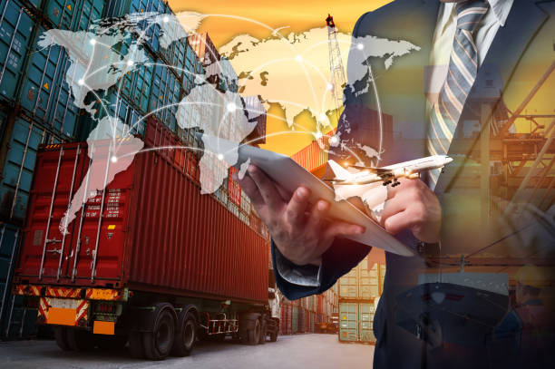 Smart technology concept with global logistics partnership and transportation of Container Cargo ship and Cargo plane for Concept of fast or instant shipping, Online goods orders worldwide